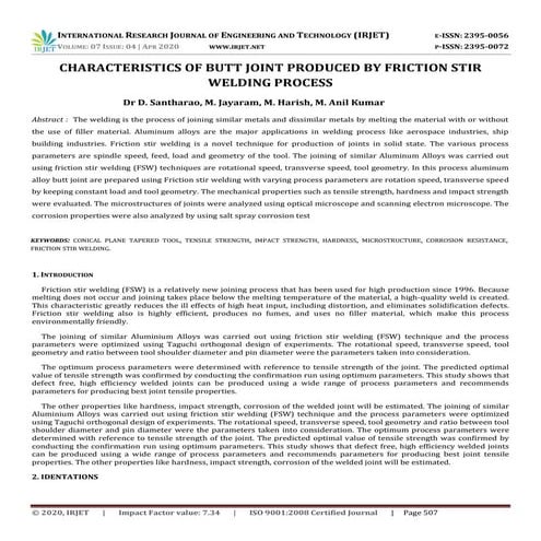IRJET - Characteristics of Butt Joint Produced by Friction Stir Welding Process