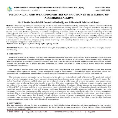 IRJET -  	  Mechanical and Wear Properties of Friction Stir Welding of Alumin...