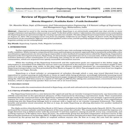 IRJET - Review of Hyperloop Technology Use for Transportation