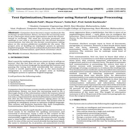 IRJET - Text Optimization/Summarizer using Natural Language Processing 