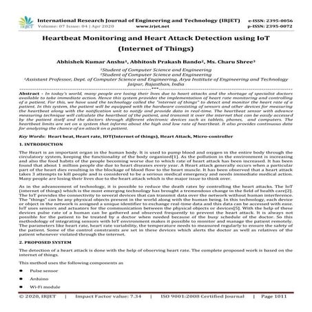 IRJET -  	  Heartbeat Monitoring and Heart Attack Detection using IoT(Interne...