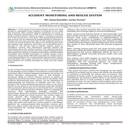 IRJET - Accident Monitoring and Rescue System