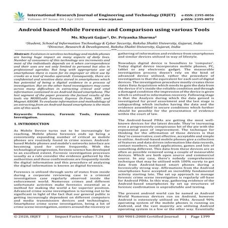IRJET -  	  Android based Mobile Forensic and Comparison using Various Tools