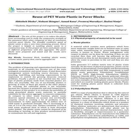 IRJET -  	  Reuse of PET Waste Plastic in Paver Blocks