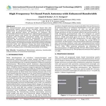 IRJET -  	  High Frequency Tri-Band Patch Antenna with Enhanced Bandwidth