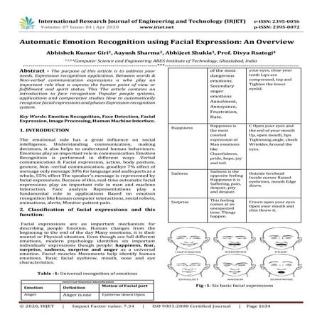 IRJET - Automatic Emotion Recognition using Facial Expression: An Overview