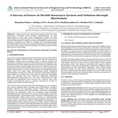 IRJET - A Survey of Issues in Health Insurance System and Solution through Bl...