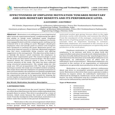 IRJET -  	  Effectiveness of Employee Motivation Towards Monetary and Non-Mon...