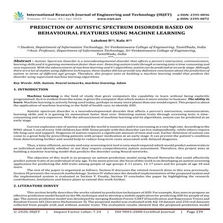 IRJET -  	  Prediction of Autistic Spectrum Disorder based on Behavioural Fea...