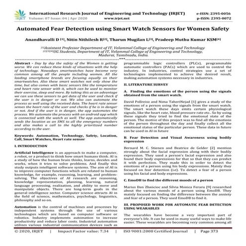 IRJET -  	  Automated Fear Detection using Smart Watch Sensors for Women Safety