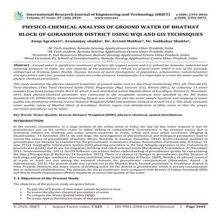 IRJET - Physico-Chemical Analysis of Ground Water of Bhathat Block of Gorakhp...