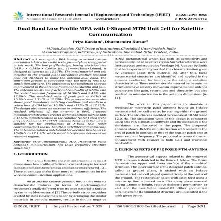 IRJET -  	  Dual Band Low Profile MPA with I-shaped MTM Unit Cell for Satelli...