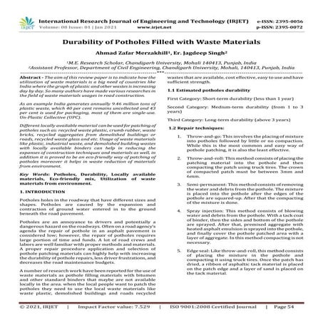 IRJET - Durability of Potholes Filled with Waste Materials