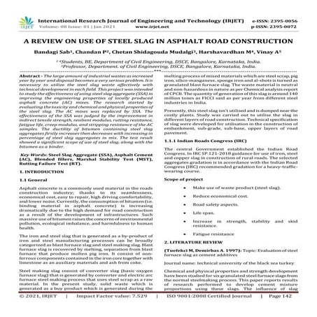 IRJET - A Review on Use of Steel Slag in Asphalt Road Construction