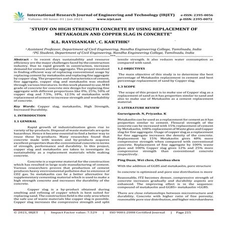IRJET - Study on High Strength Concrete by using Replacement of Metakaolin an...
