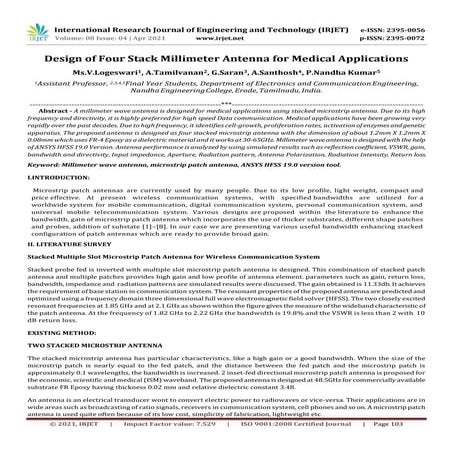 IRJET- Design of Four Stack Millimeter Antenna for Medical Applications