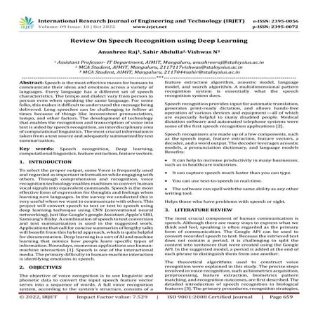 Review On Speech Recognition using Deep Learning