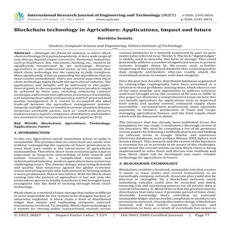Blockchain technology in Agriculture: Applications, Impact and future