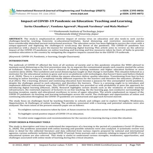 Impact of COVID-19 Pandemic on Education: Teaching and Learning | PDF