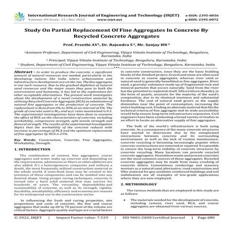 Study On Partial Replacement Of Fine Aggregates In Concrete By Recycled Concr...