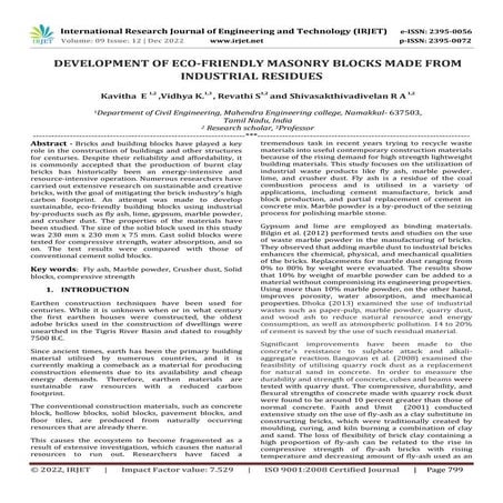 DEVELOPMENT OF ECO-FRIENDLY MASONRY BLOCKS MADE FROM INDUSTRIAL RESIDUES