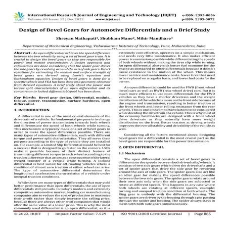 Design of Bevel Gears for Automotive Differentials and a Brief Study