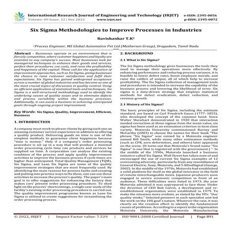 Six Sigma Methodologies to Improve Processes in Industries