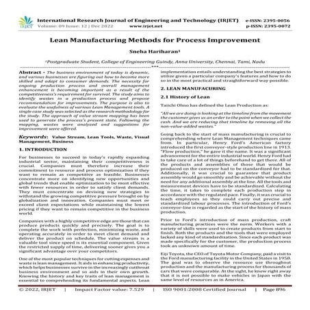Lean Manufacturing Methods for Process Improvement