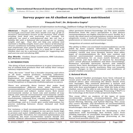 Survey paper on AI chatbot on intelligent nutritionist