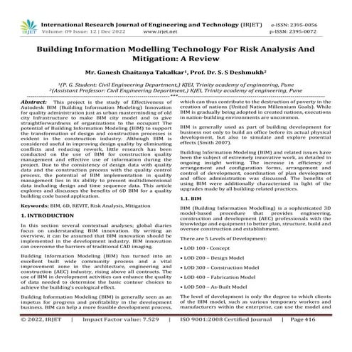 Building Information Modelling Technology For Risk Analysis And Mitigation: A...
