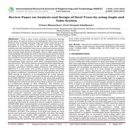 Review Paper on Analysis and Design of Steel Truss by using Angle and Tube Se...