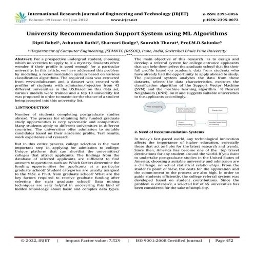 University Recommendation Support System using ML Algorithms