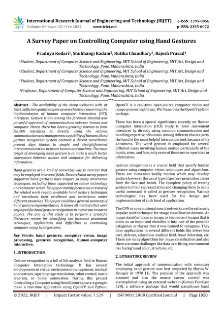 A Survey Paper on Controlling Computer using Hand Gestures