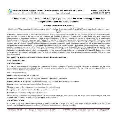 Time Study and Method Study Application in Machining Plant for Improvement in...