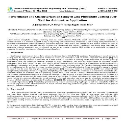 Performance and Characterization Study of Zinc Phosphate Coating over Steel f...