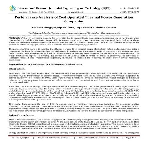 Performance Analysis of Coal Operated Thermal Power Generation ...