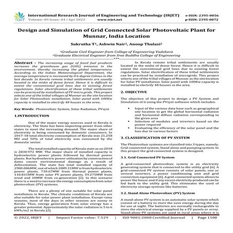 Design and Simulation of Grid Connected Solar Photovoltaic Plant for Munnar, ...