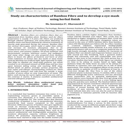 Study on characteristics of Bamboo Fibre and to develop a eye mask using herb...