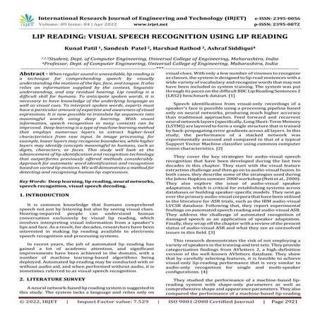 LIP READING: VISUAL SPEECH RECOGNITION USING LIP READING