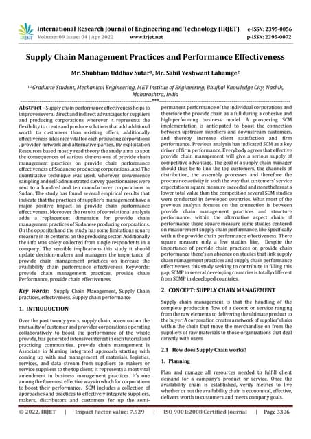 Supply Chain Management Practices and Performance Effectiveness