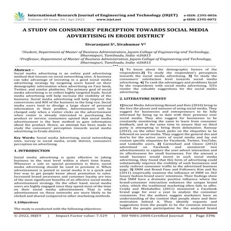 A STUDY ON CONSUMERS’ PERCEPTION TOWARDS SOCIAL MEDIA ADVERTISING IN ERODE DI...