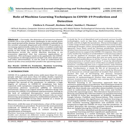 Role of Machine Learning Techniques in COVID-19 Prediction and ...