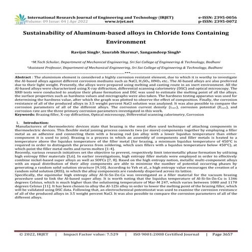 Sustainability of Aluminum-based alloys in Chloride Ions Containing Environment