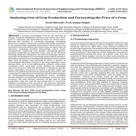 Analyzing Cost of Crop Production and Forecasting the Price of a Crop