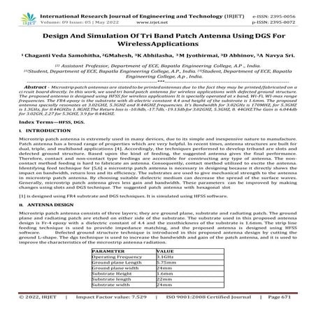 Design And Simulation Of Tri Band Patch Antenna Using DGS For Wireless Applic...
