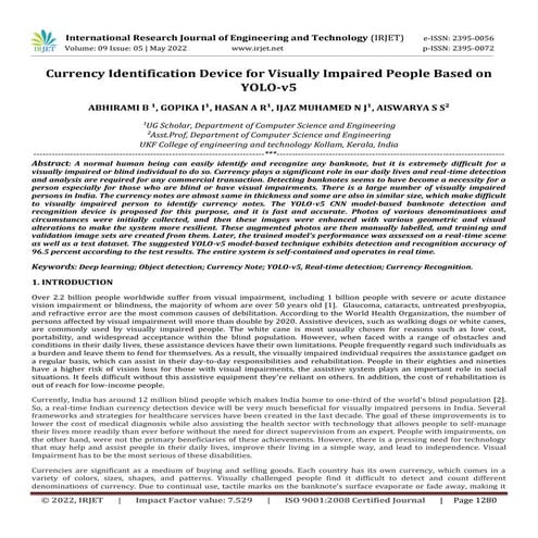 Currency Identification Device for Visually Impaired People Based on YOLO-v5