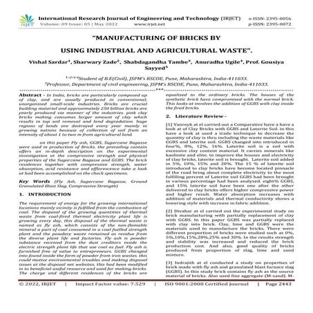 “MANUFACTURING OF BRICKS BY USING INDUSTRIAL AND AGRICULTURAL WASTE”