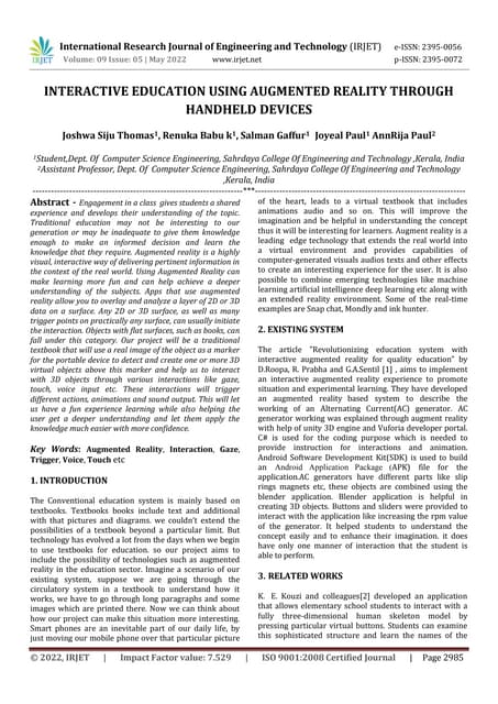 Interactive Education Using Augmented Reality Through Handheld Devices Interactive Education Using Augmented Reality Through Handheld Devices