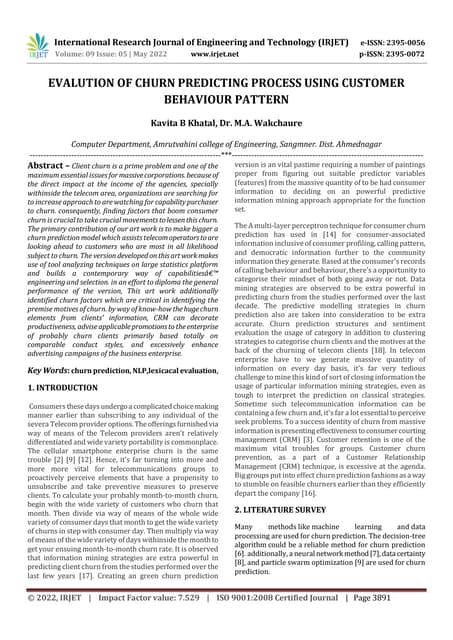 EVALUTION OF CHURN PREDICTING PROCESS USING CUSTOMER BEHAVIOUR PATTERN