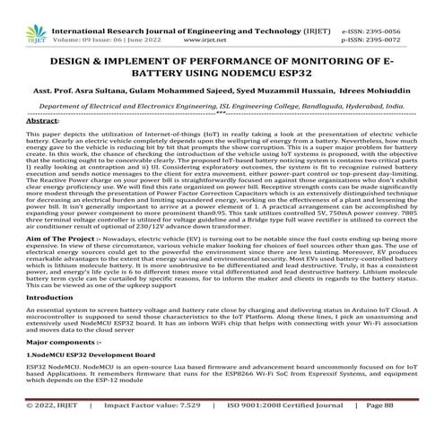 DESIGN & IMPLEMENT OF PERFORMANCE OF MONITORING OF E- BATTERY USING NODEMCU E...